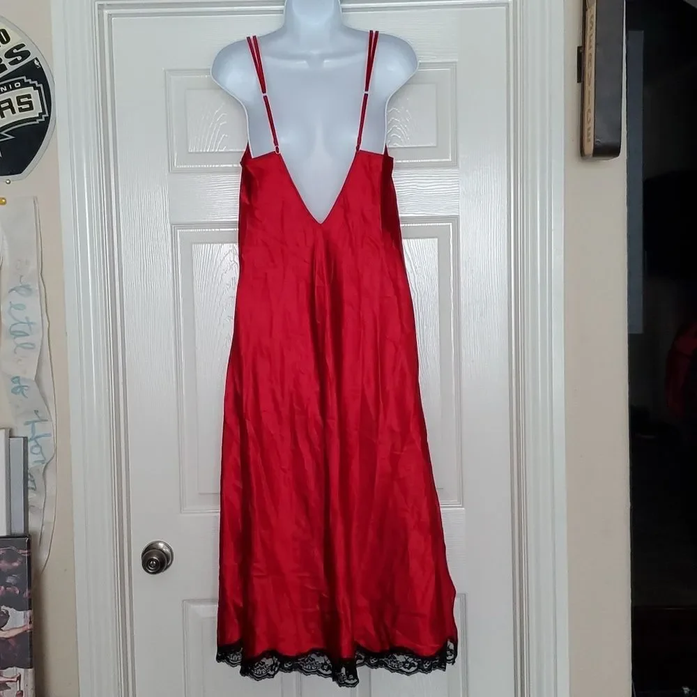 Secret Treasures Red Satin Long Chemise Nightgown Black Lace Trim - Medium
